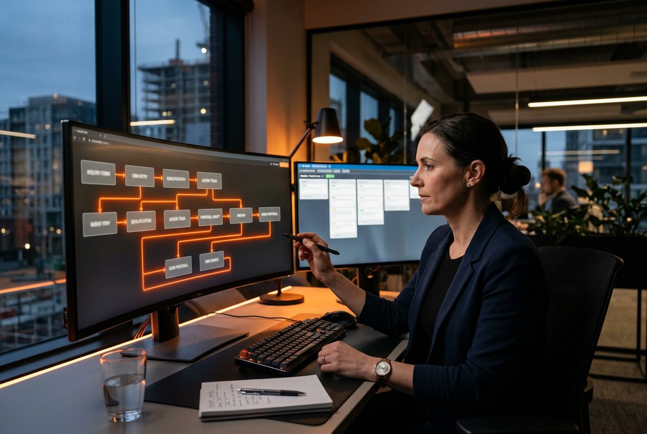 Operations manager reviewing an automated inquiry workflow on a monitor