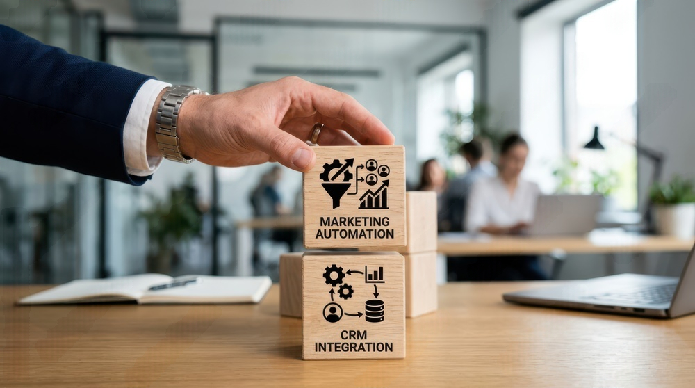 Marketing automation and CRM integration represented by stacked wooden blocks