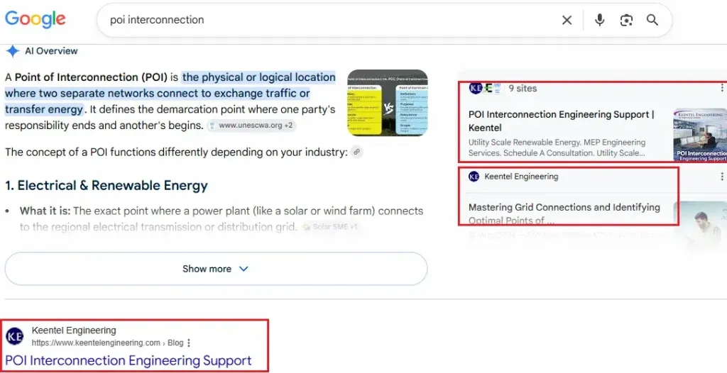 Google AI Overview citing Keentel Engineering for POI interconnection