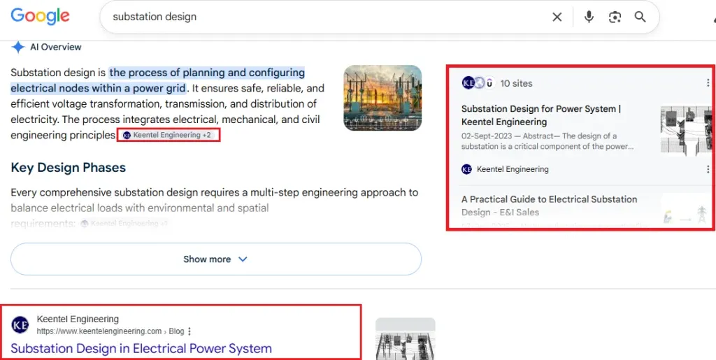 Google AI Mode answer citing Keentel Engineering for substation design